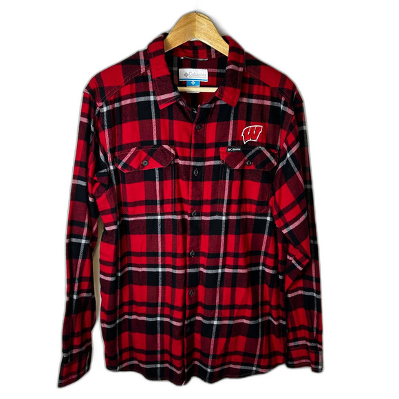 Columbia NWOT Wisconsin Badgers Red Black Plaid Flair Gun LS Flannel Shirt Sz L - Picture 4 of 14